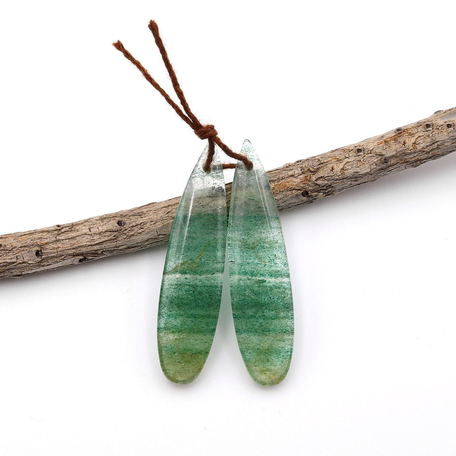 Natural Striped African Green Chalcedony Earring Pair Drilled Gemstone Thin Long Teardrop Matched Beads