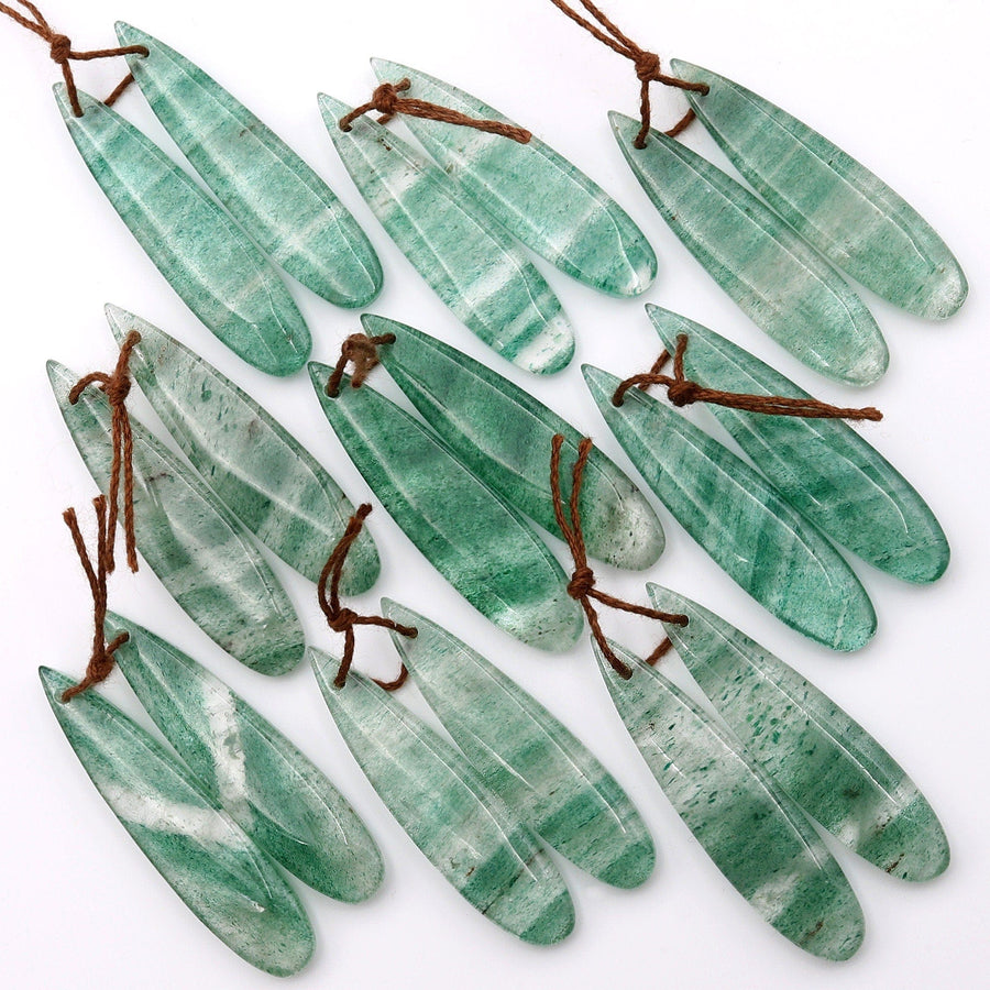 Natural Striped African Green Chalcedony Earring Pair Drilled Gemstone Thin Long Teardrop Matched Beads