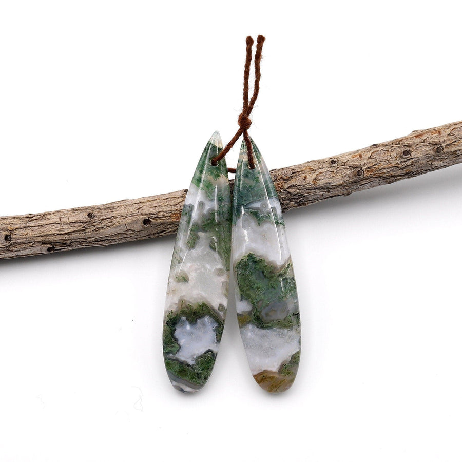 Translucent Natural Green Moss Agate Earring Pair Drilled Teardrop Cabochon Cab Pair Matched Gemstone Beads