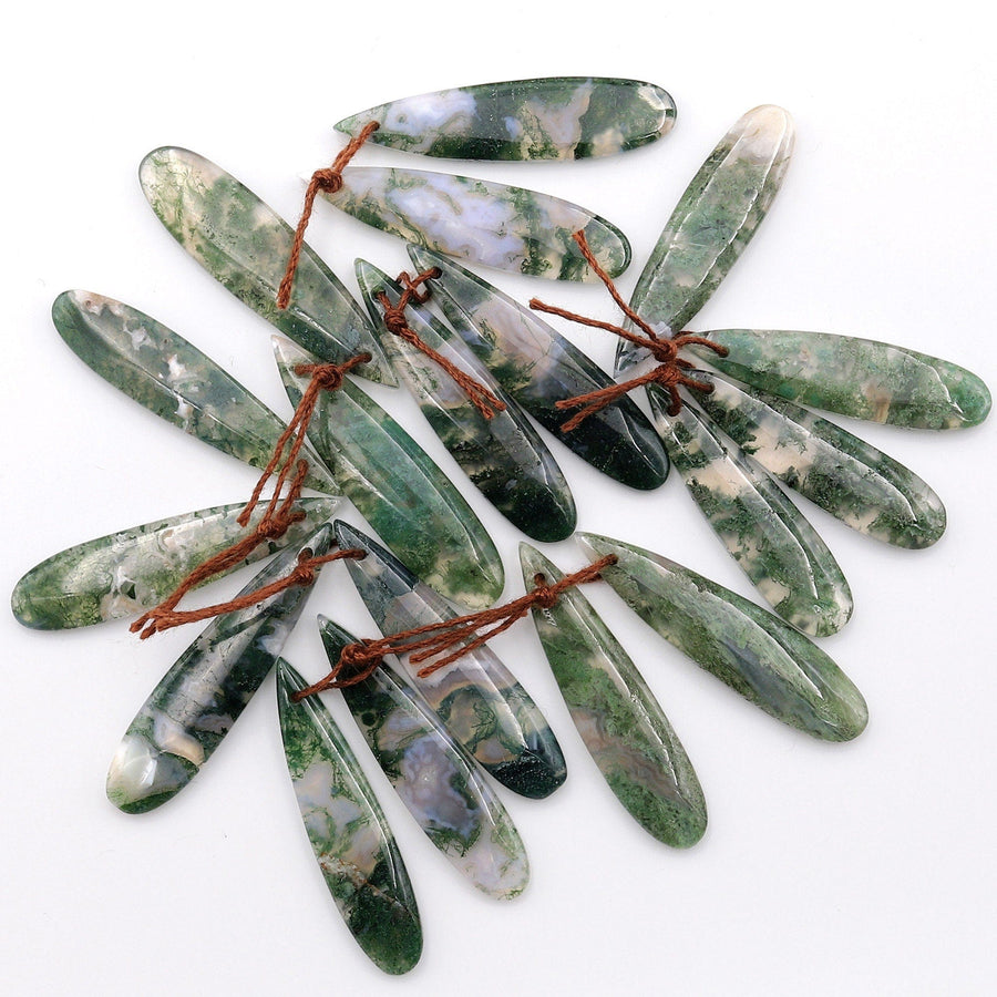 Translucent Natural Green Moss Agate Earring Pair Drilled Teardrop Cabochon Cab Pair Matched Gemstone Beads