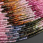 AAA Natural Tourmaline Micro Faceted 3mm Round Multicolor Pink Green Blue Yellow Cognac Gemstone Beads 15.5" Strand