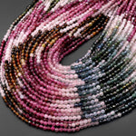 AAA Natural Tourmaline Micro Faceted 3mm Round Multicolor Fuchsia Pink Green Blue Cognac Gemstone Beads 15.5" Strand