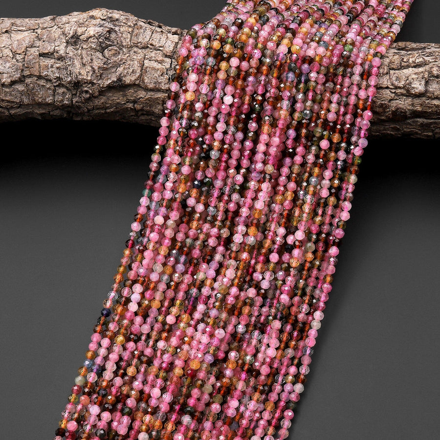 AAA Natural Tourmaline Micro Faceted 3mm Round Multicolor Extra Translucent Gemstone Beads 15.5" Strand