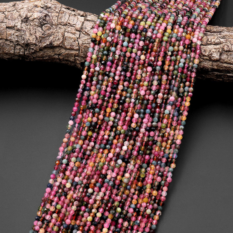 AAA Natural Tourmaline Micro Faceted 3mm Round Multicolor Pink Green Blue Gemstone Beads 15.5" Strand
