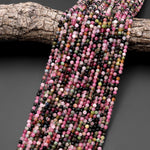 Natural Tourmaline Micro Faceted 3mm 4mm Round Multicolor Pink Green Blue Cognac Gemstone Beads 15.5" Strand