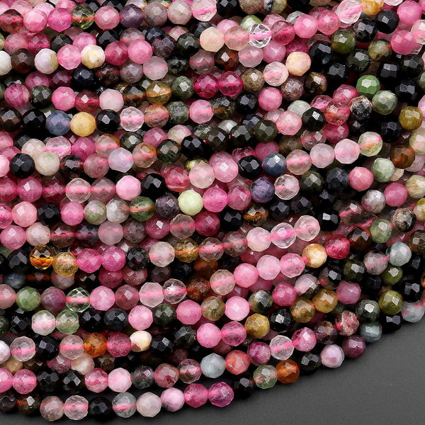 Natural Tourmaline Micro Faceted 3mm 4mm Round Multicolor Pink Green Blue Cognac Gemstone Beads 15.5" Strand