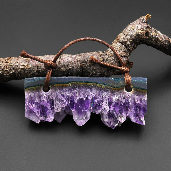 2 Hole Pendant Natural Purple Amethyst Crystal Stalactite Pendant Drilled Long Rectangle Gemstone Focal Bead