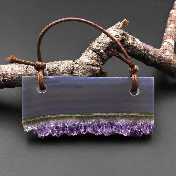 2 Hole Pendant Green Ocean Wave Natural Purple Amethyst Crystal Stalactite Pendant Drilled Long Rectangle Gemstone Focal Bead A1