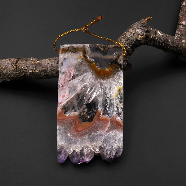 Natural Peach Pink Purple Amethyst Stalactite Druzy Pendant Side Drilled Flat Slice Long Rectangle