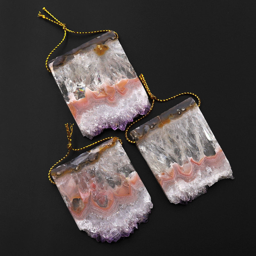 Natural Peach Pink Purple Amethyst Stalactite Druzy Pendant Side Drilled Flat Slice Focal Bead