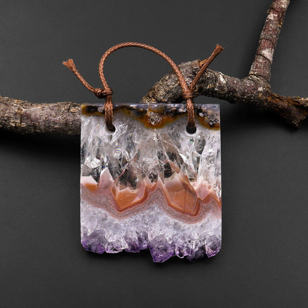 2 Hole Pendant Natural Peach Pink Purple Amethyst Stalactite Druzy Pendant Drilled Flat Slice Focal Bead A1