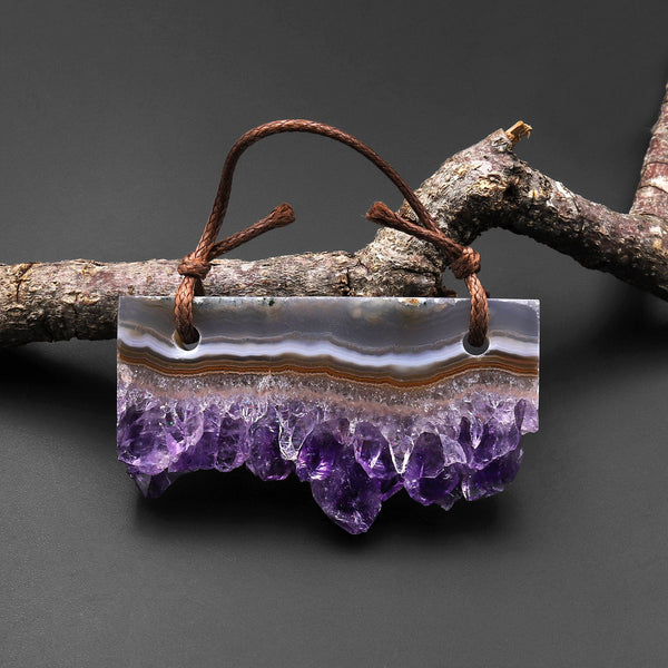 2 Hole Pendant Natural Orange Brown Purple Amethyst Stalactite Druzy Pendant Drilled Flat Slice Long Rectangle A1