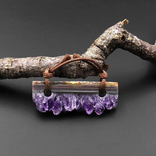 2 Hole Pendant Natural Purple Amethyst Crystal Stalactite Druzy Slender Rectangle