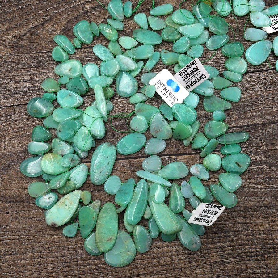 Natural Australian Green Chrysoprase Beads Freeform Teardrop Side Drilled Gemstone 15.5" Strand