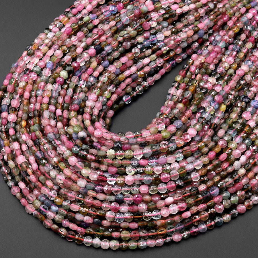 AAA Faceted Natural Tourmaline Coin Beads 4mm Vibrant Pink Green Blue Gemstone 15.5" Strand