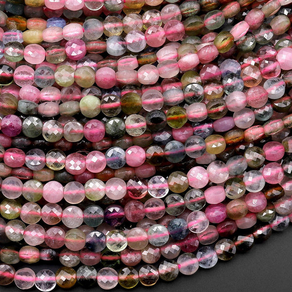 AAA Faceted Natural Tourmaline Coin Beads 4mm Vibrant Pink Green Blue Gemstone 15.5" Strand