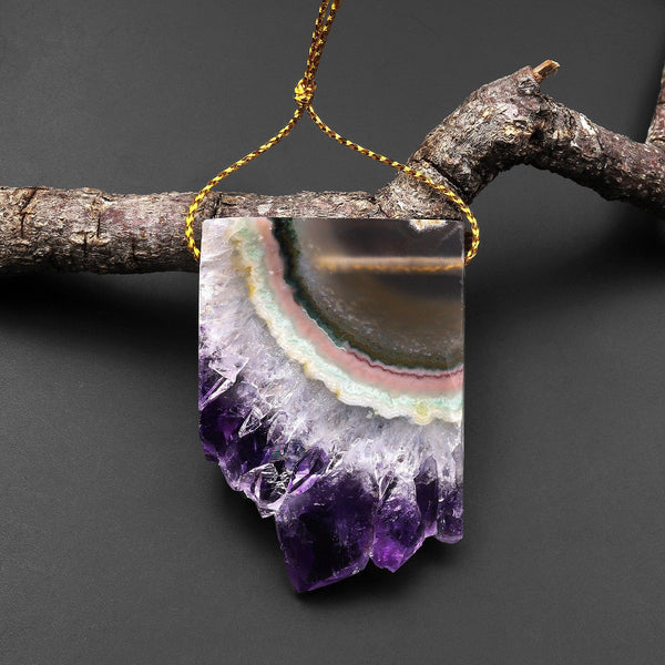 Natural Purple Green Pink Amethyst Stalactite Druzy Pendant Side Drilled Flat Slice Long Rectangle
