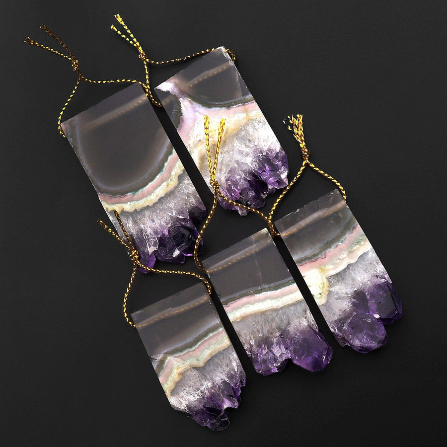 Natural Purple Green Pink Amethyst Stalactite Druzy Pendant Side Drilled Flat Long Rectangle Gemstone