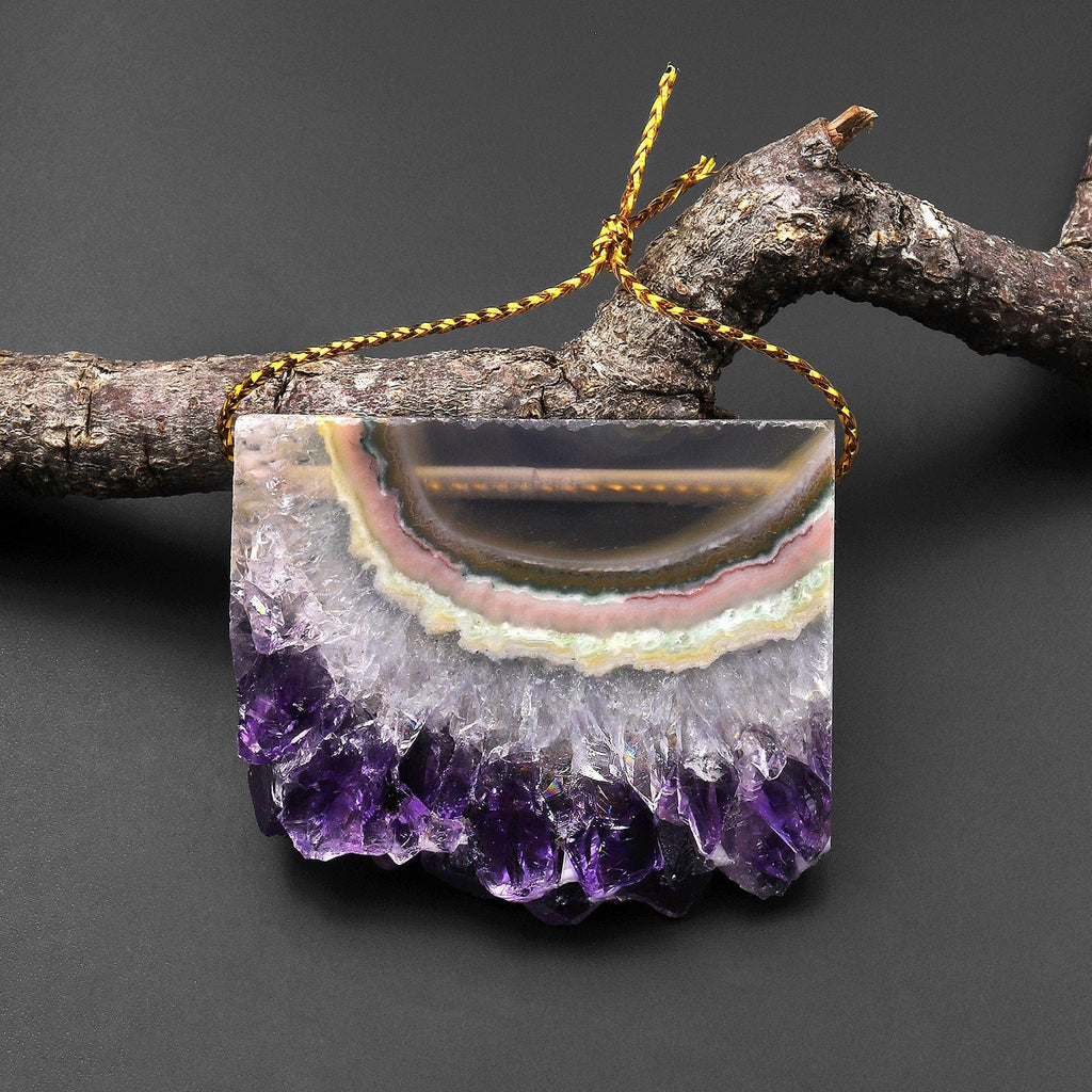 Natural Rainbow Purple Green Pink Amethyst Stalactite Druzy Pendant Side Drilled Flat Slice Long Rectangle