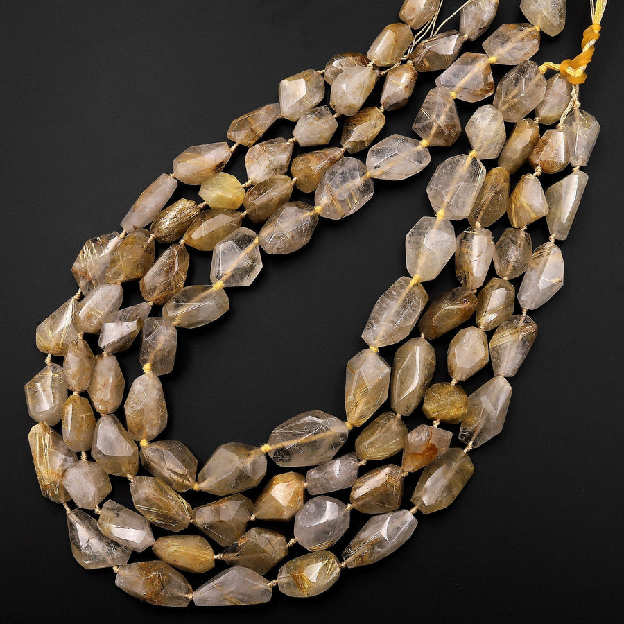Faceted Natural Golden Rutile Quartz Beads Handcut Nuggets Healing Crystal Gemstone 15.5" Strand