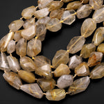 Faceted Natural Golden Rutile Quartz Beads Handcut Nuggets Healing Crystal Gemstone 15.5" Strand