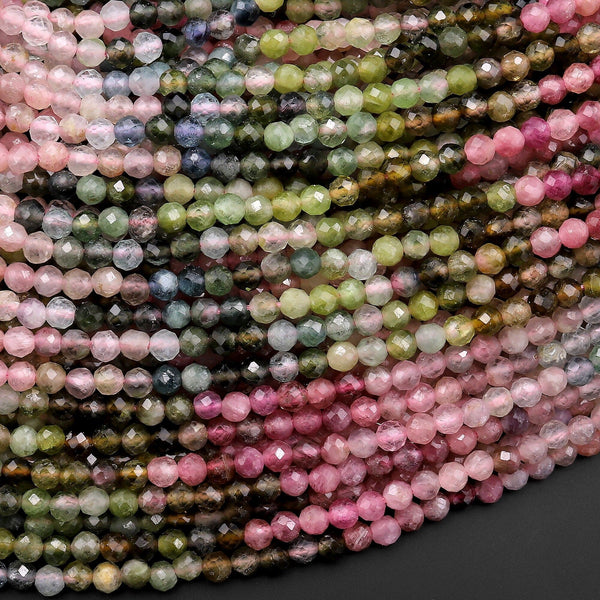 AAA Natural Tourmaline Micro Faceted 3mm 4mm Round Multicolor Pink Green Blue Cognac Gemstone Beads 15.5" Strand
