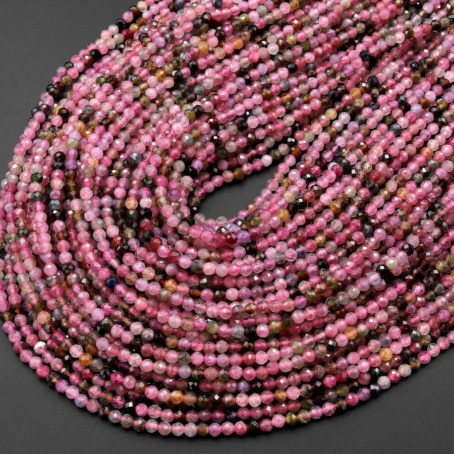 AAA Natural Tourmaline Micro Faceted 3mm Round Multicolor Translucent Pink Green Gemstone Beads 15.5" Strand