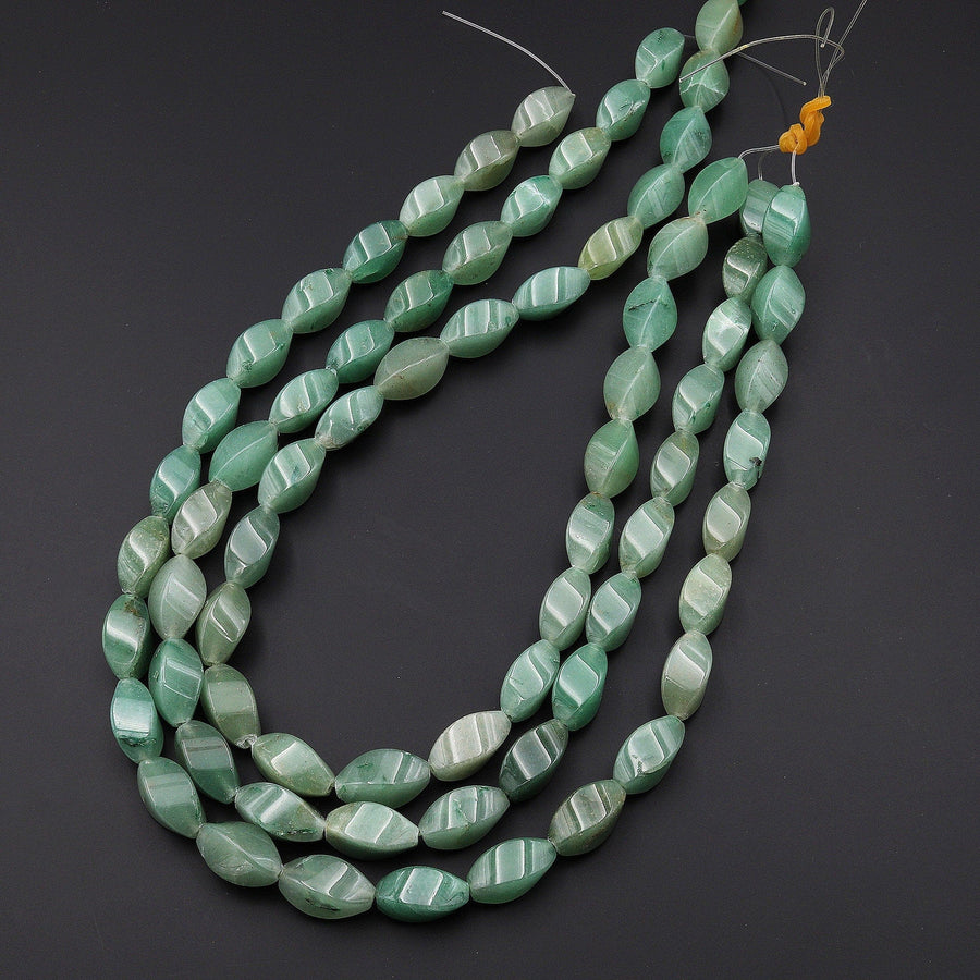 Natural Green Aventurine Twisted Oval Beads 16x8mm 15.5" Strand