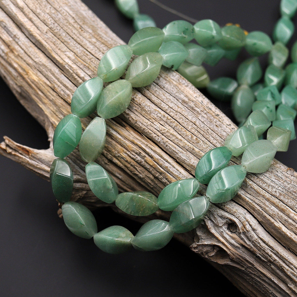 Natural Green Aventurine Twisted Oval Beads 16x8mm 15.5" Strand