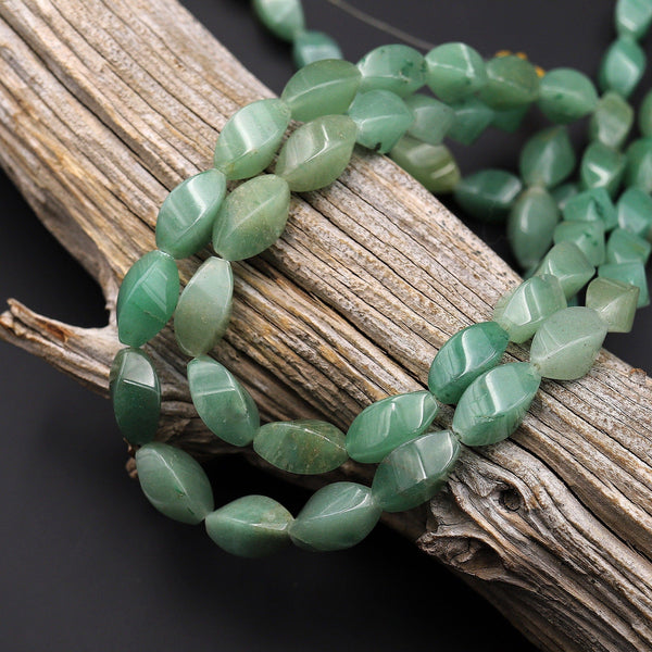Natural Green Aventurine Twisted Oval Beads 16x8mm 15.5" Strand