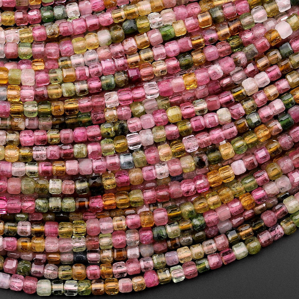AAA Natural Multicolor Pink Green Golden Yellow Blue Tourmaline Faceted 2mm 3mm Cube Square Dice Beads Gemstone 15.5" Strand