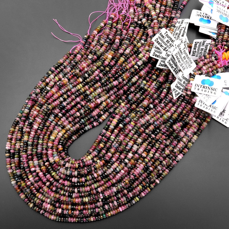 Faceted Natural Watermelon Pink Green Tourmaline Gemstone Thin Rondelle Beads 4mm Gemstone 15.5" Strand