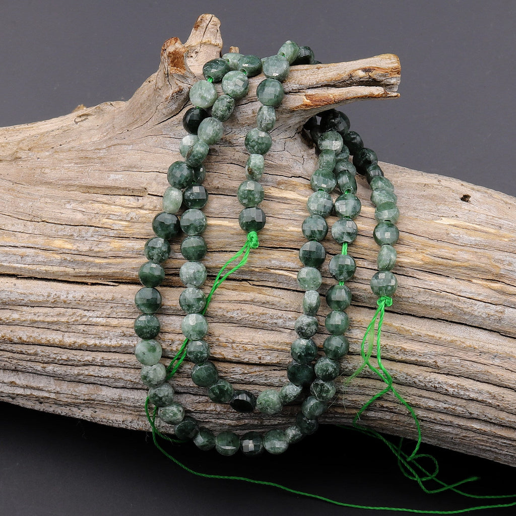 Faceted Natural Green Seraphinite Coin Beads 4mm Gemstone From Russia 15.5" Strand