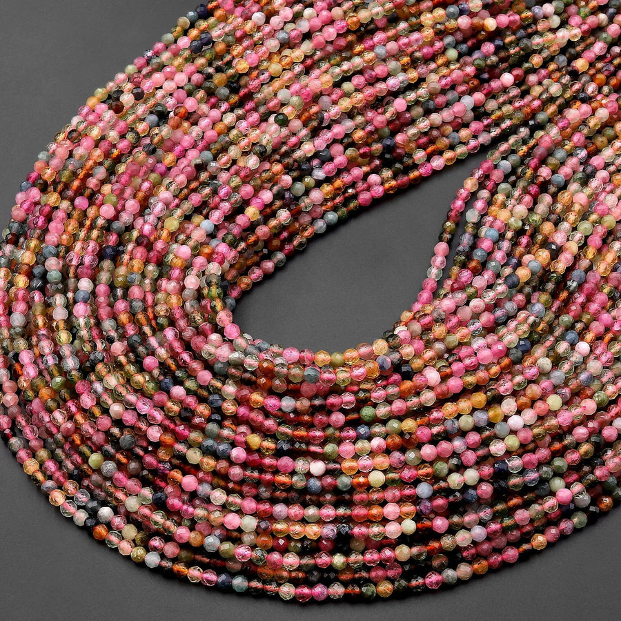 Natural Rainbow Tourmaline Micro Faceted 2mm 3mm Round Multicolor Pink Green Blue Cognac Gemstone Beads 15.5" Strand