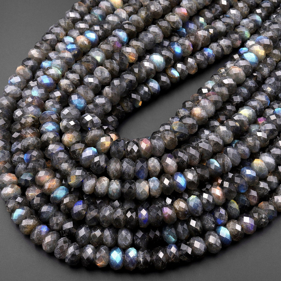 AAA Rare Natural Black Rainbow Blue Golden Purple Red Orange Green Labradorite Faceted 8mm 10mm Rondelle Beads 15.5" Strand
