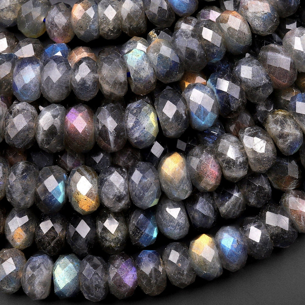 AAA Rare Natural Black Rainbow Blue Golden Purple Red Orange Green Labradorite Faceted 8mm 10mm Rondelle Beads 15.5" Strand