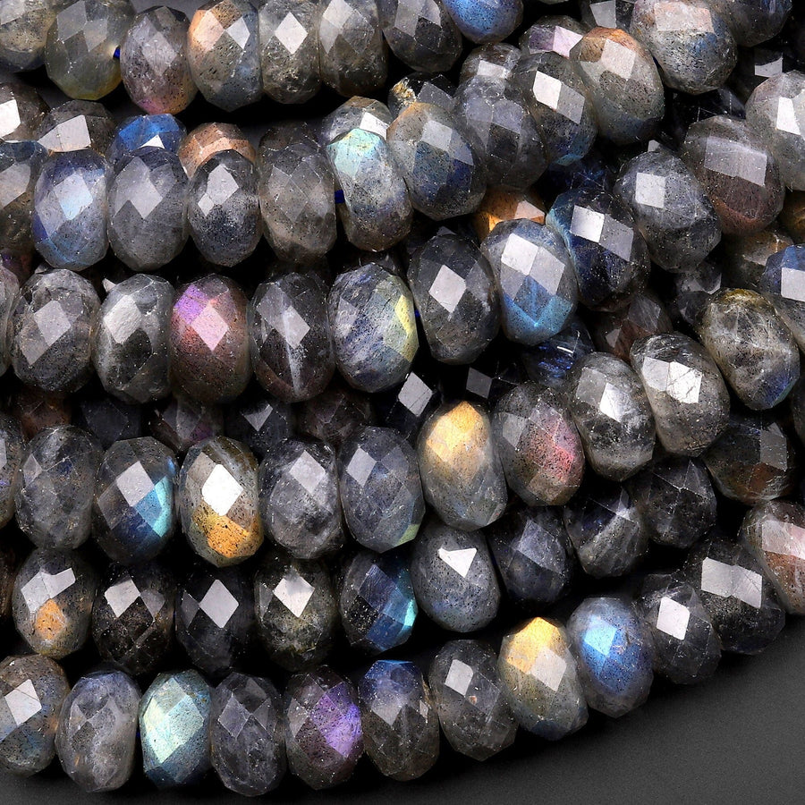 AAA Rare Natural Black Rainbow Blue Golden Purple Red Orange Green Labradorite Faceted 8mm 10mm Rondelle Beads 15.5" Strand