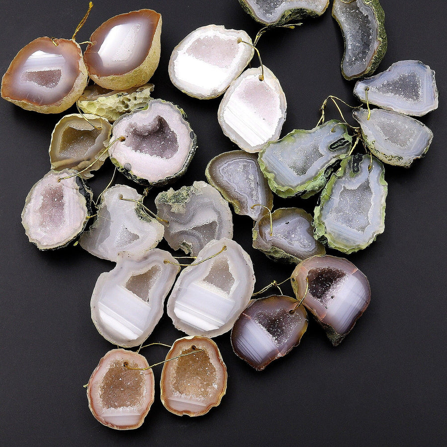 Drilled Natural Tabasco Geode Earrings Pair Light Colored Druzy Drusy Agate Freeform Matched Gemstone Beads