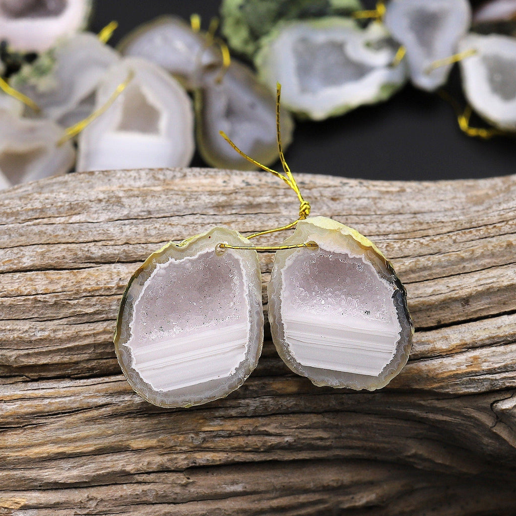 Drilled Natural Pristine White Tabasco Geode Earrings Pair Druzy Agate Freeform Matched Gemstone Beads A4