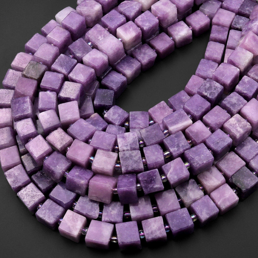 Natural Lilac Purple Lepidolite 8mm Cube Beads 15.5" Strand