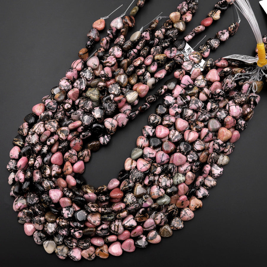 Natural Pink Rhodonite 10mm Beads Smooth Heart 15.5" Strand