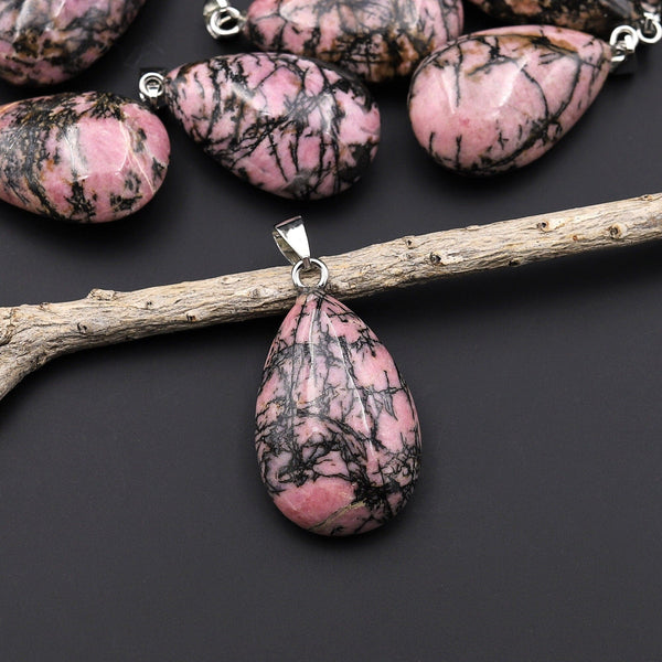 Natural Pink Rhodonite Teardrop Pendant Natural Crystal Focal Bead A5