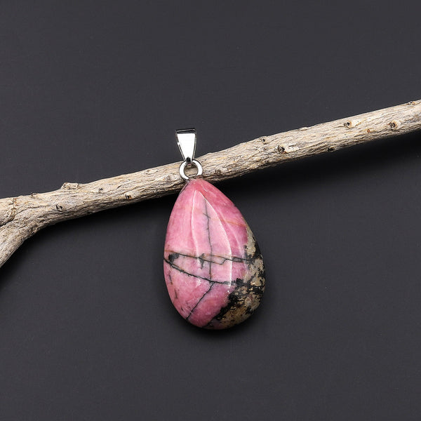 Natural Pink Rhodonite Teardrop Pendant Natural Crystal Focal Bead A6