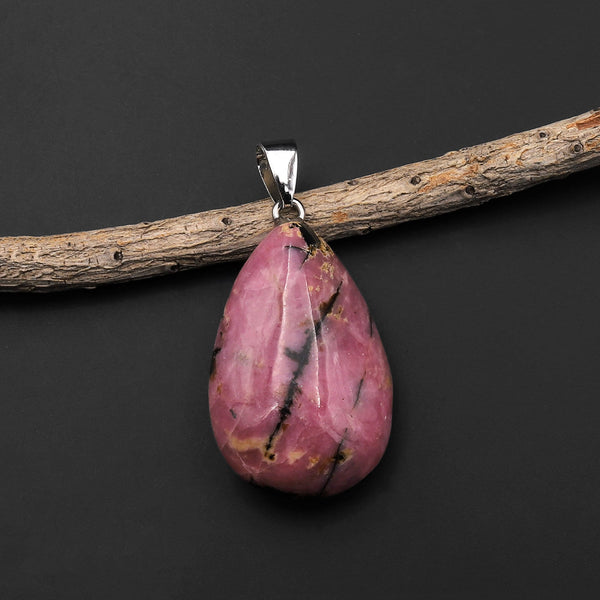 Natural Pink Rhodonite Teardrop Pendant Natural Crystal Focal Bead A2