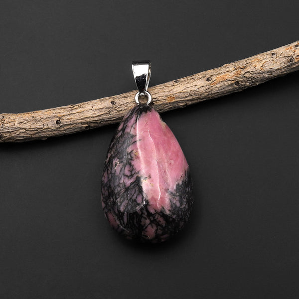 Natural Pink Rhodonite Teardrop Pendant Natural Crystal Focal Bead A3