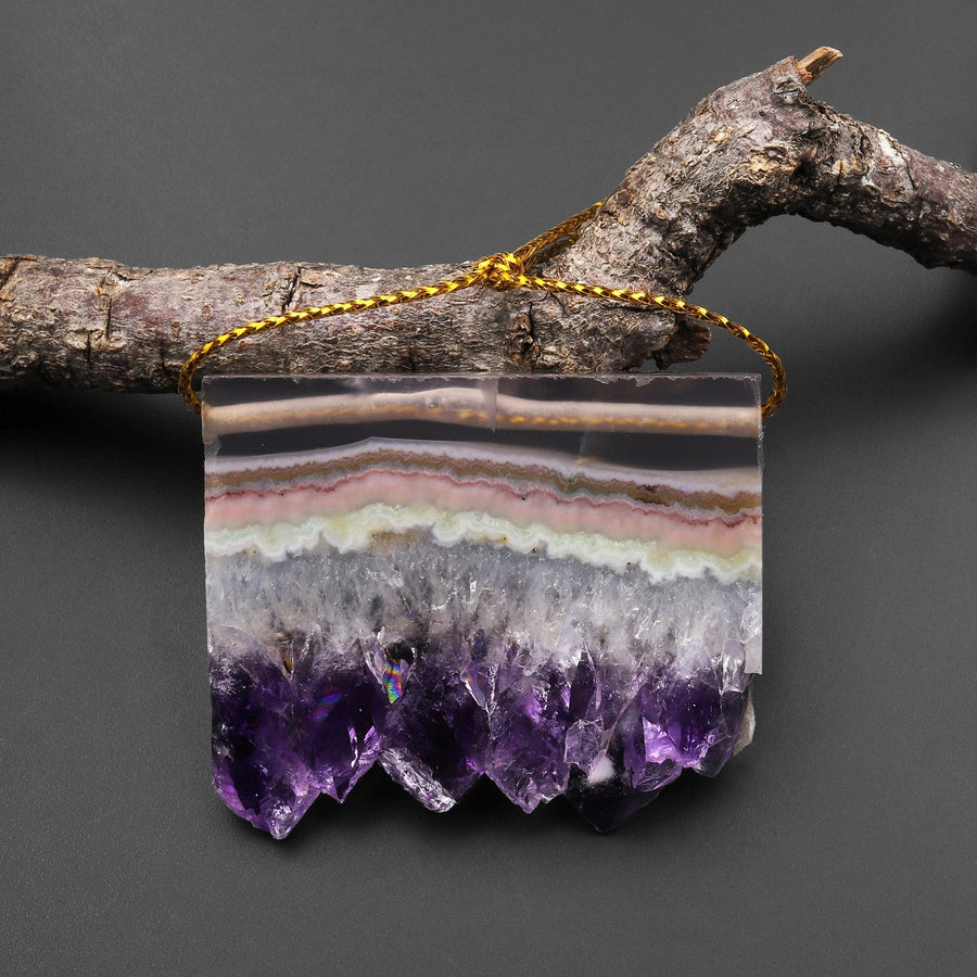 Rare Natural Rainbow Purple Green Pink Amethyst Crystal Stalactite Druzy Pendant Side Drilled Flat Slice Rectangle A2