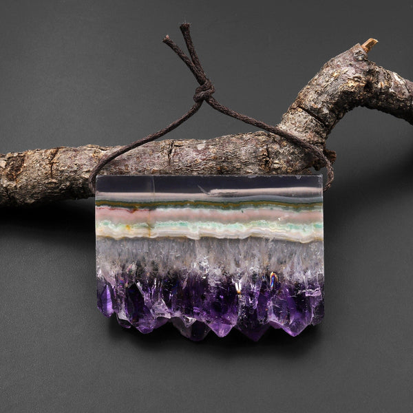 Rare Natural Rainbow Purple Green Pink Amethyst Crystal Stalactite Druzy Pendant Side Drilled Flat Slice Rectangle