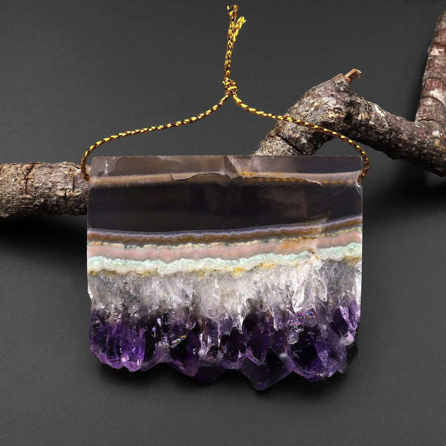 Large Natural Rainbow Purple Green Pink Amethyst Crystal Stalactite Druzy Pendant Side Drilled Flat Slice Rectangle A1