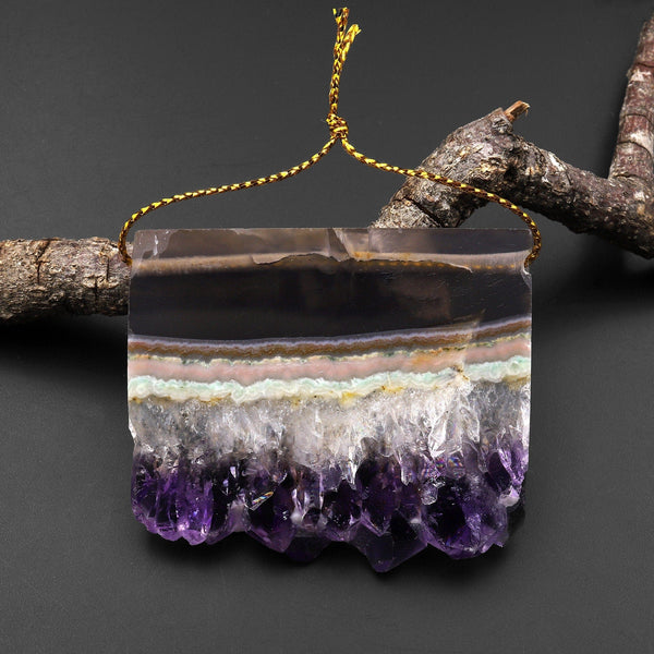 Large Natural Rainbow Purple Green Pink Amethyst Crystal Stalactite Druzy Pendant Side Drilled Flat Slice Rectangle A1