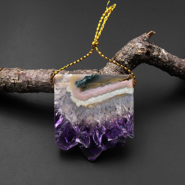 Rare Natural Rainbow Purple Green Pink Amethyst Crystal Stalactite Druzy Pendant Side Drilled Flat Slice Focal Bead